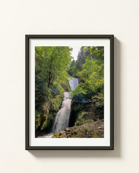 A framed landscape photograph of a lush green forest with a waterfall, presented in a black frame with a white mat against a light beige wall.