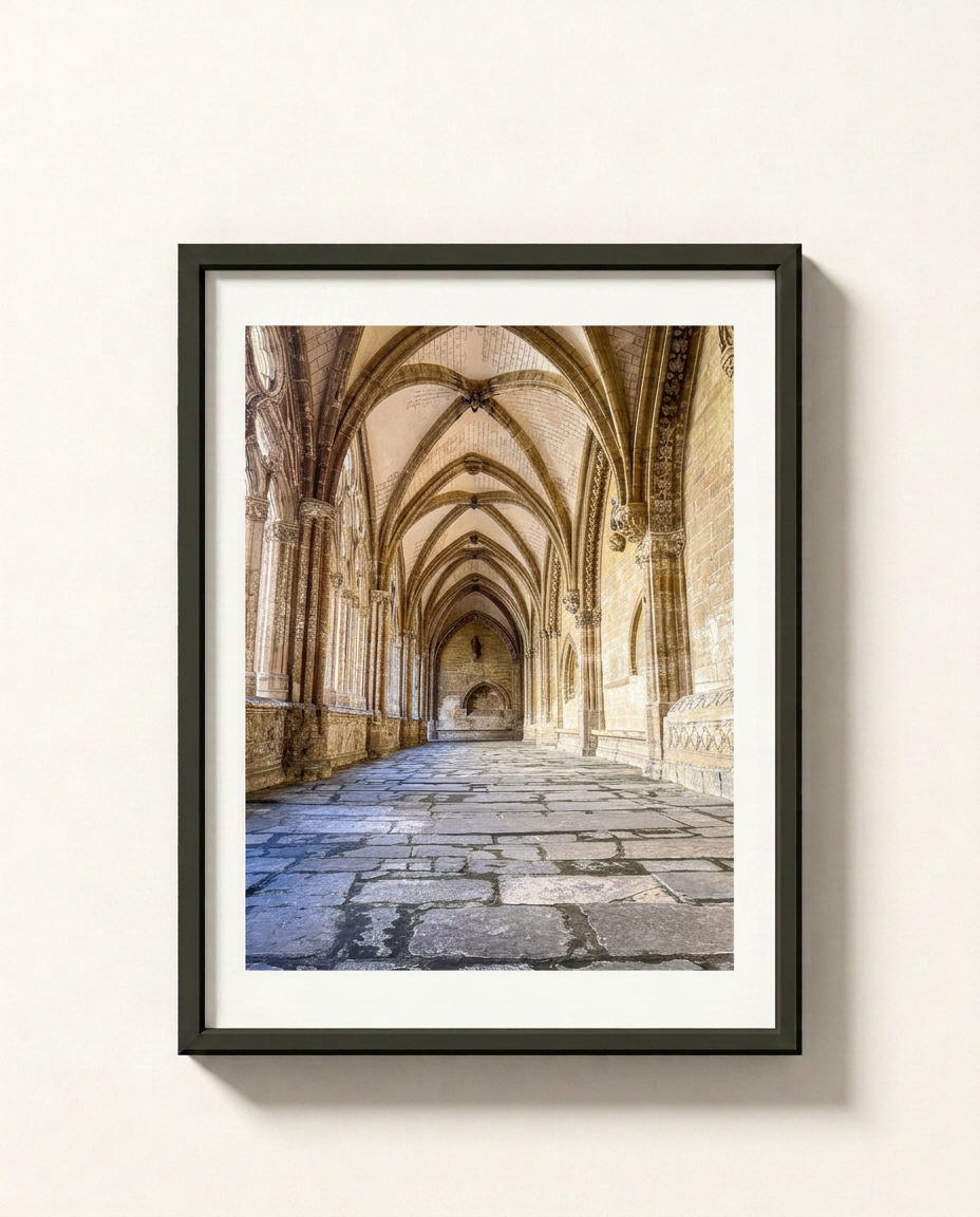 A framed art print depicting a stone cloister corridor with arched vaults and a stone floor, presented in a black frame with a white mat against a light beige wall.