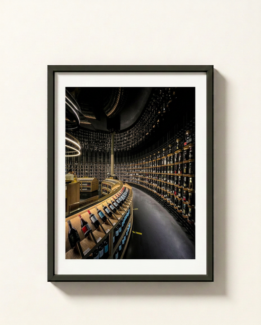 A framed photographic art print of a wine cellar, featuring a black frame and white mat board, displayed on a clean off-white wall.