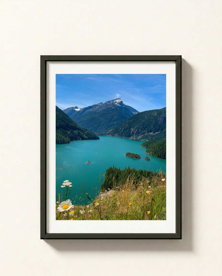 A framed landscape art print depicting a vibrant turquoise alpine lake surrounded by green mountains, a blue sky, and wildflowers in the foreground, mounted on a light beige wall.