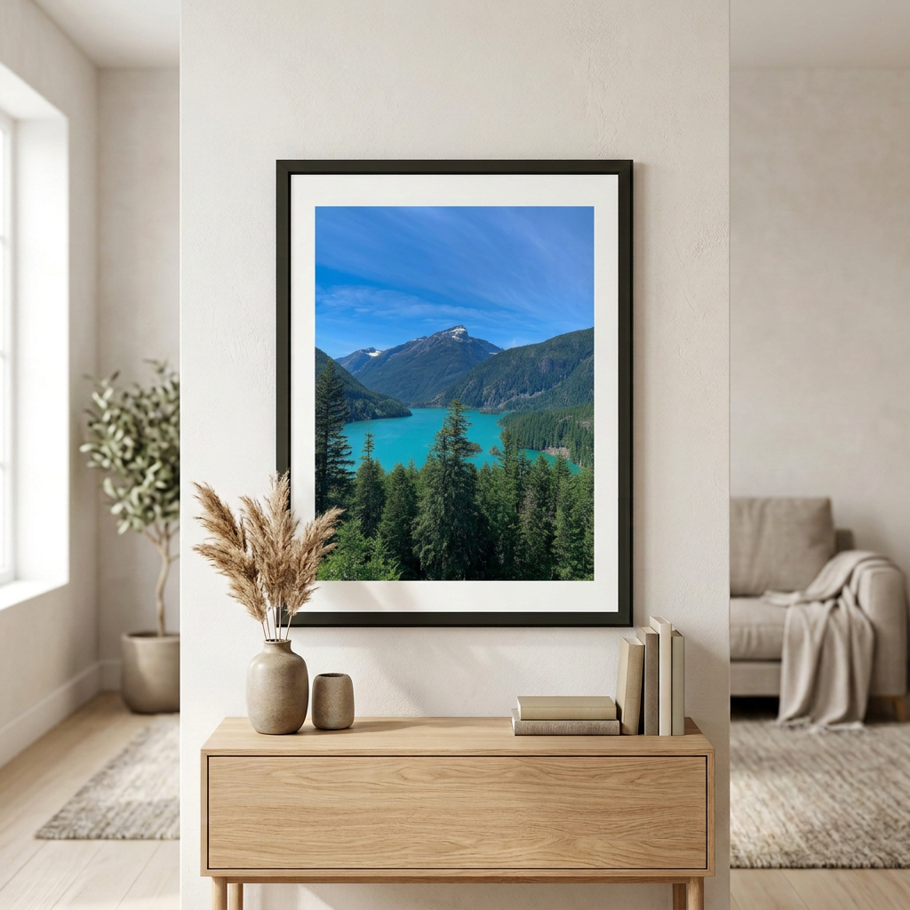 Fine art photography print of Diablo Lake by Nemet Studio. Framed wall art supporting conservation.
