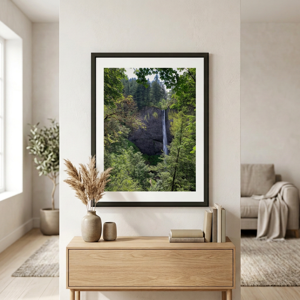 Fine art photography print of Latourell Falls by Nemet Studio. Framed wall art supporting conservation.