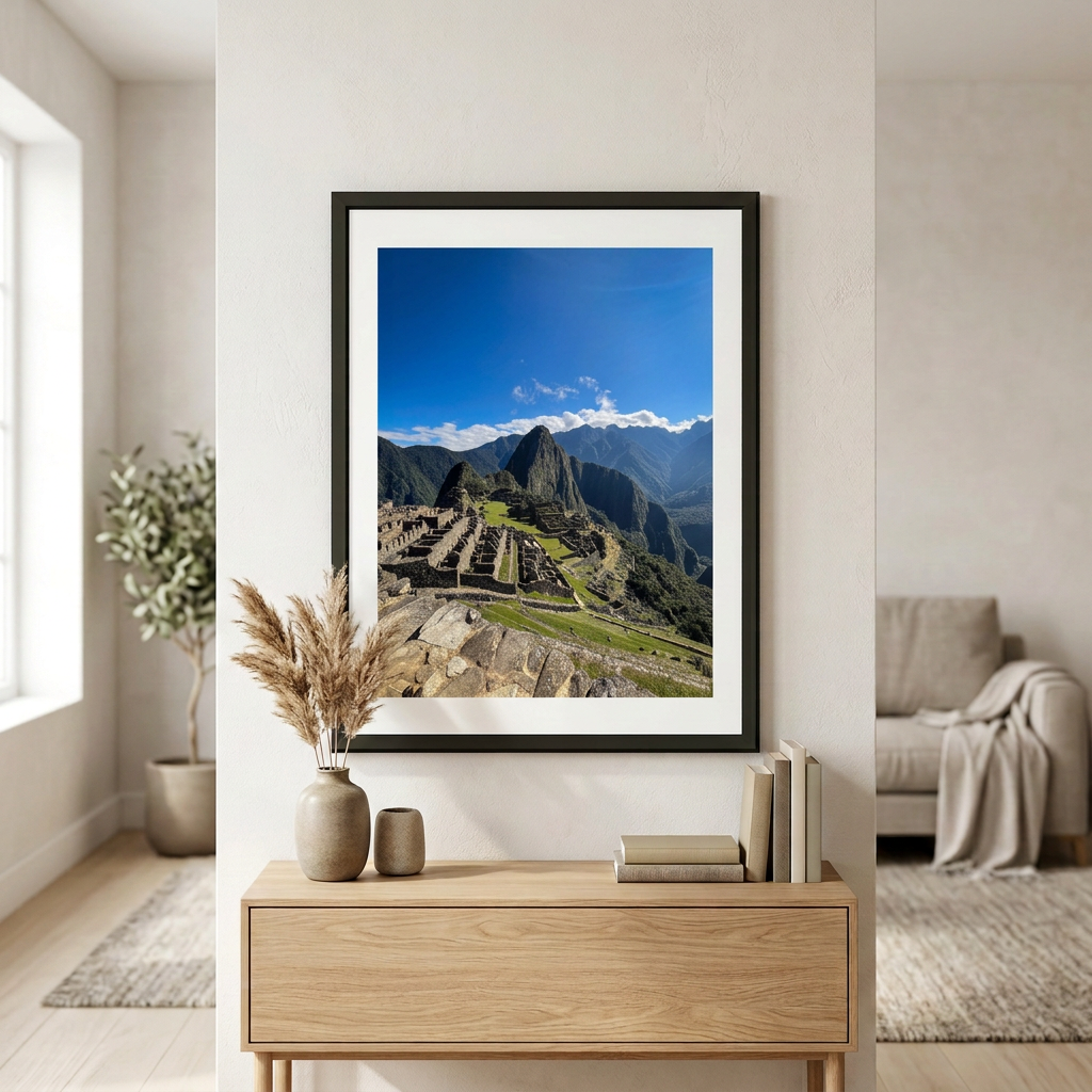 Fine art photography print of Machu Picchu by Nemet Studio. Framed wall art supporting conservation.