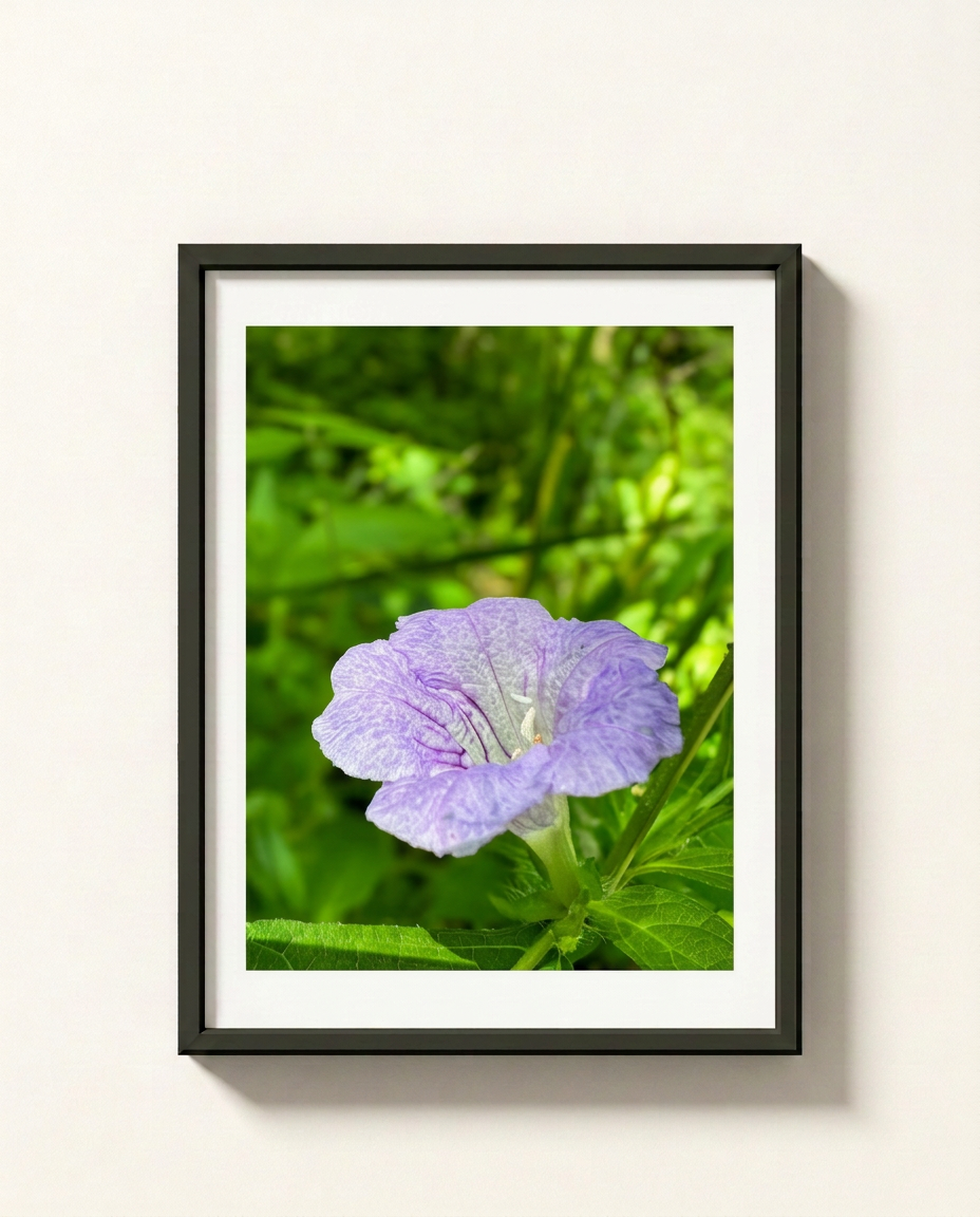 A framed botanical art print featuring a single light purple flower with green leaves, set in a black frame against a white mat, mounted on a light beige wall.
