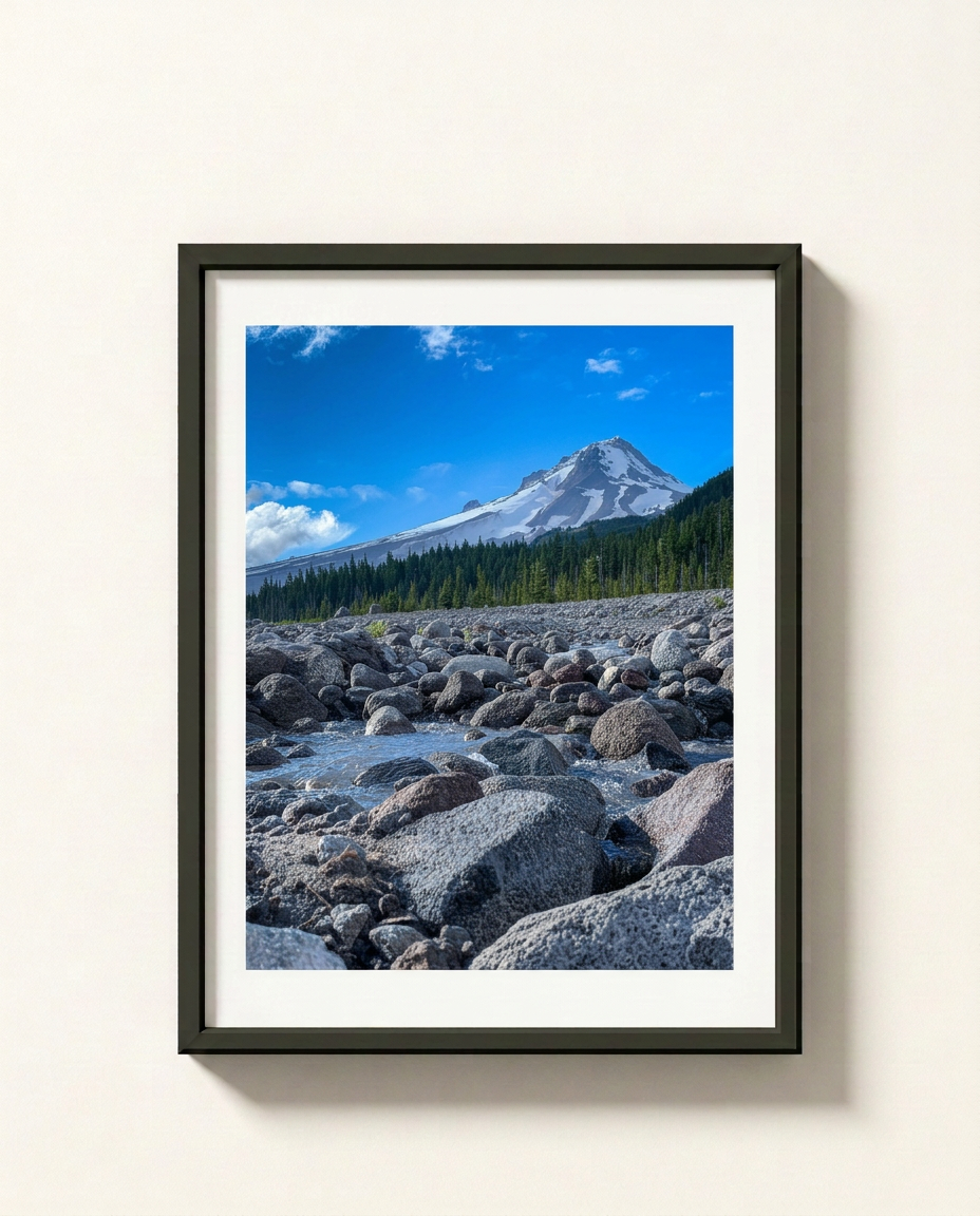 A framed landscape photograph of a snow-capped mountain under a bright blue sky, with a rocky riverbed and evergreen forest in the foreground, displayed on a light beige wall.