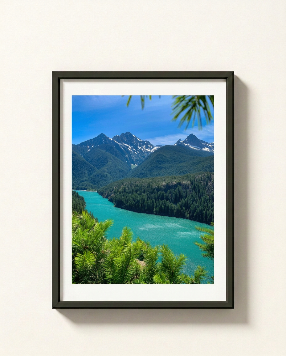 A framed landscape photograph of a turquoise river winding through a dense green forest and snow-capped mountains under a blue sky, presented in a black frame with a white mat against a light beige wall.