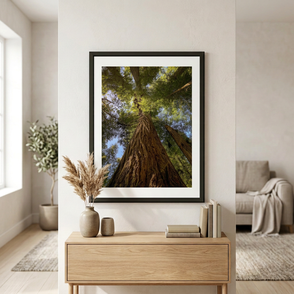 Fine art photography print of Redwoods by Nemet Studio. Framed wall art supporting conservation.