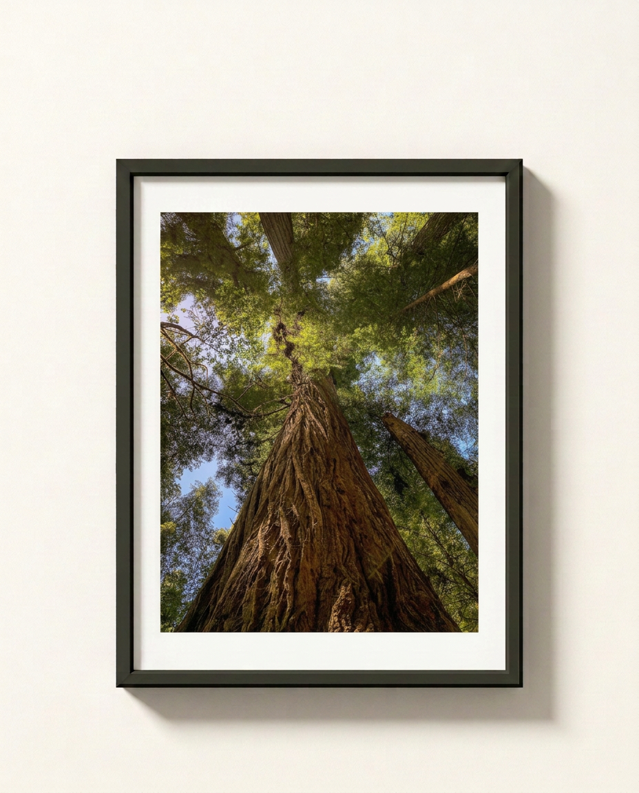 Framed wall art featuring a low-angle photograph of massive redwood trees reaching toward the sky, displayed in a black frame with a white mat against a light beige wall.