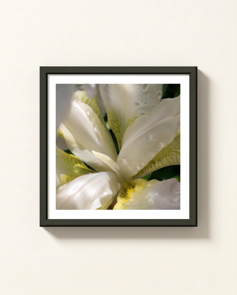 A framed floral art print featuring a close-up photograph of white iris flowers with yellow accents and water droplets, presented in a black frame with a white mat against a light beige wall.