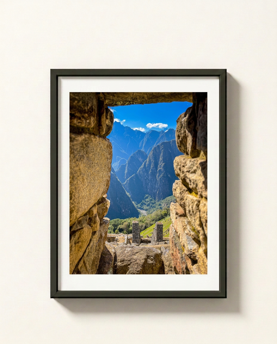 A framed art print of Machu Picchu, featuring a scenic view of the ancient ruins framed by stone walls under a blue sky, presented in a black frame with a white mat on a light beige wall.